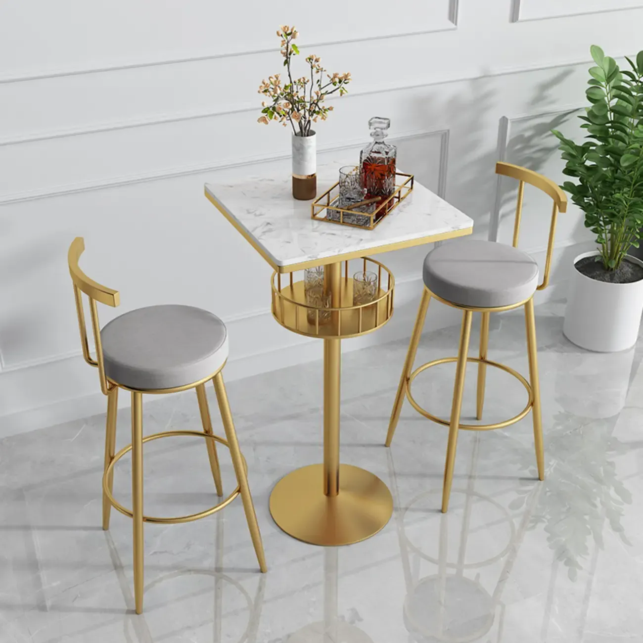 Glamorous Golden Marble Round Bar Table with Under Shelf Image - 2