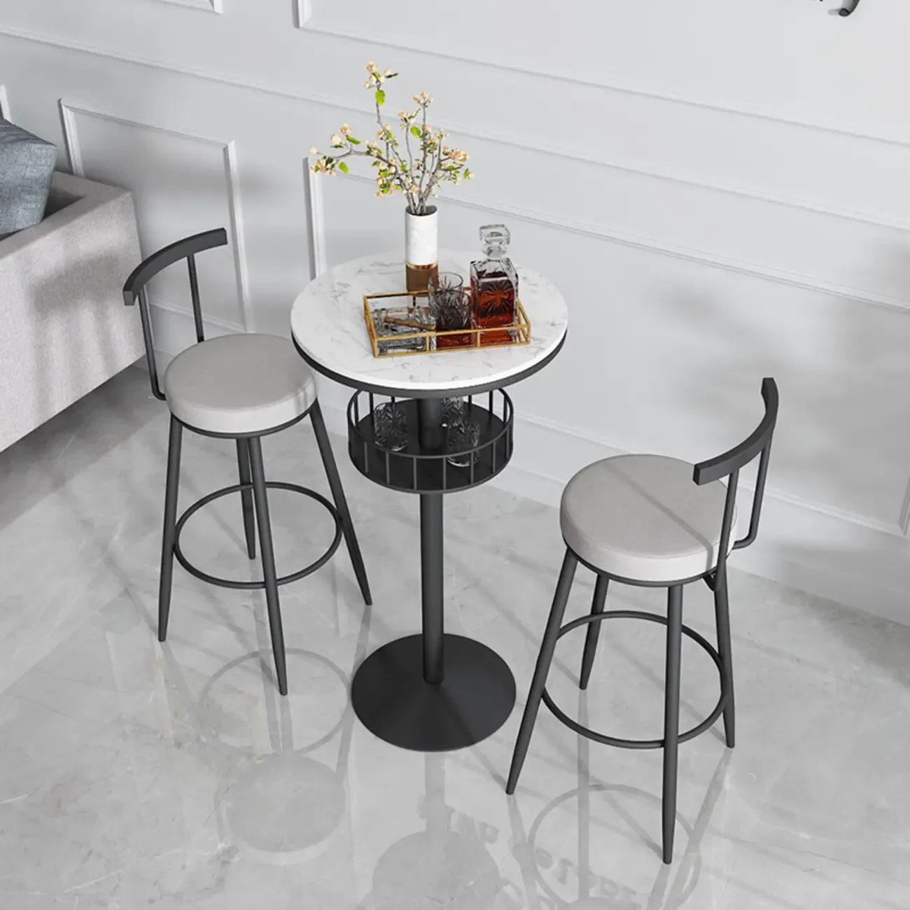 Glamorous Golden Marble Round Bar Table with Under Shelf Image - 8