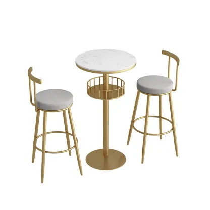 Glamorous Golden Marble Round Bar Table with Under Shelf Image - 10