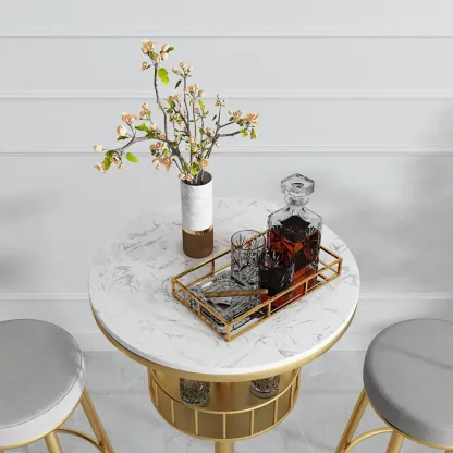 Glamorous Golden Marble Round Bar Table with Under Shelf Image - 12