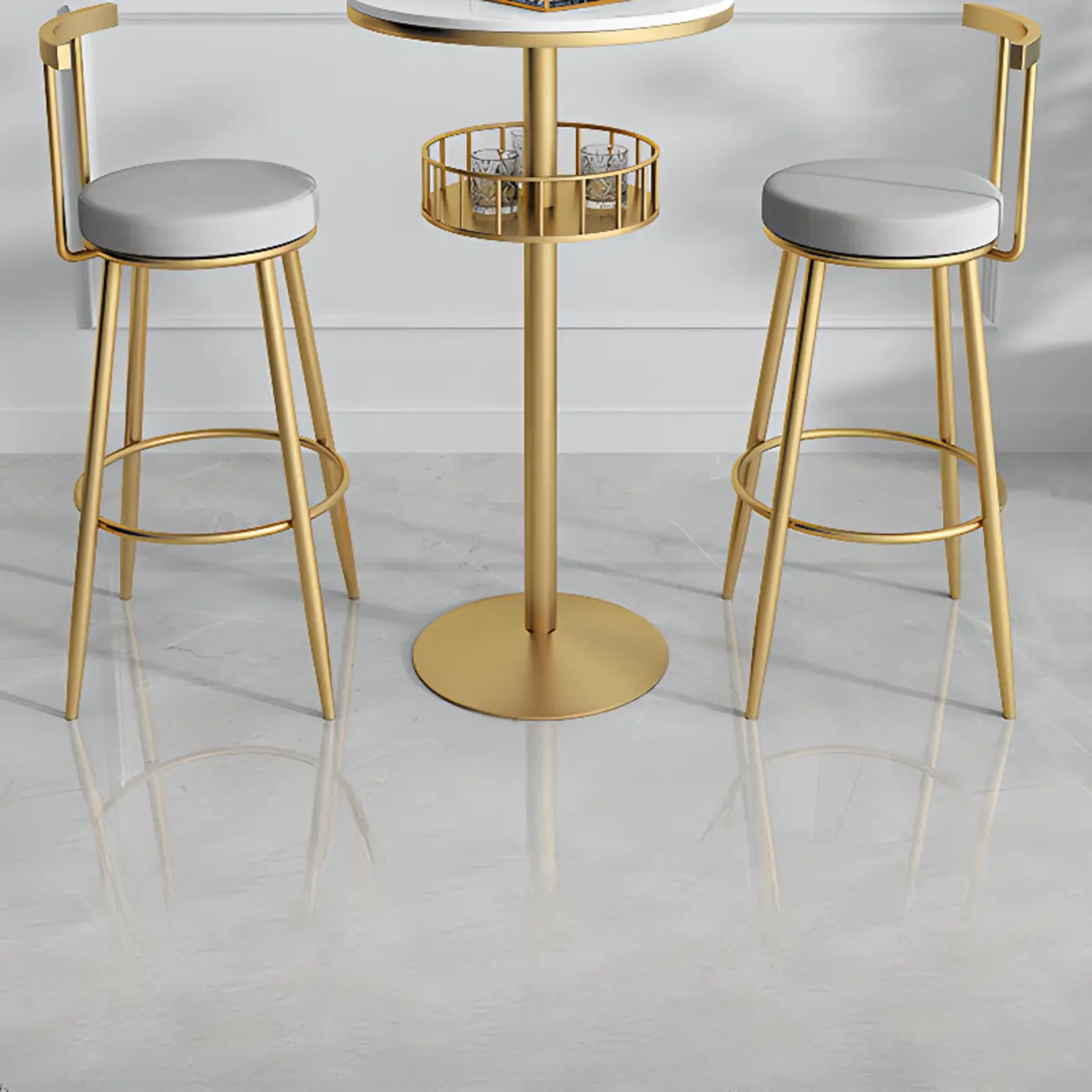 Glamorous Golden Marble Round Bar Table with Under Shelf Image - 13 | homeyfad