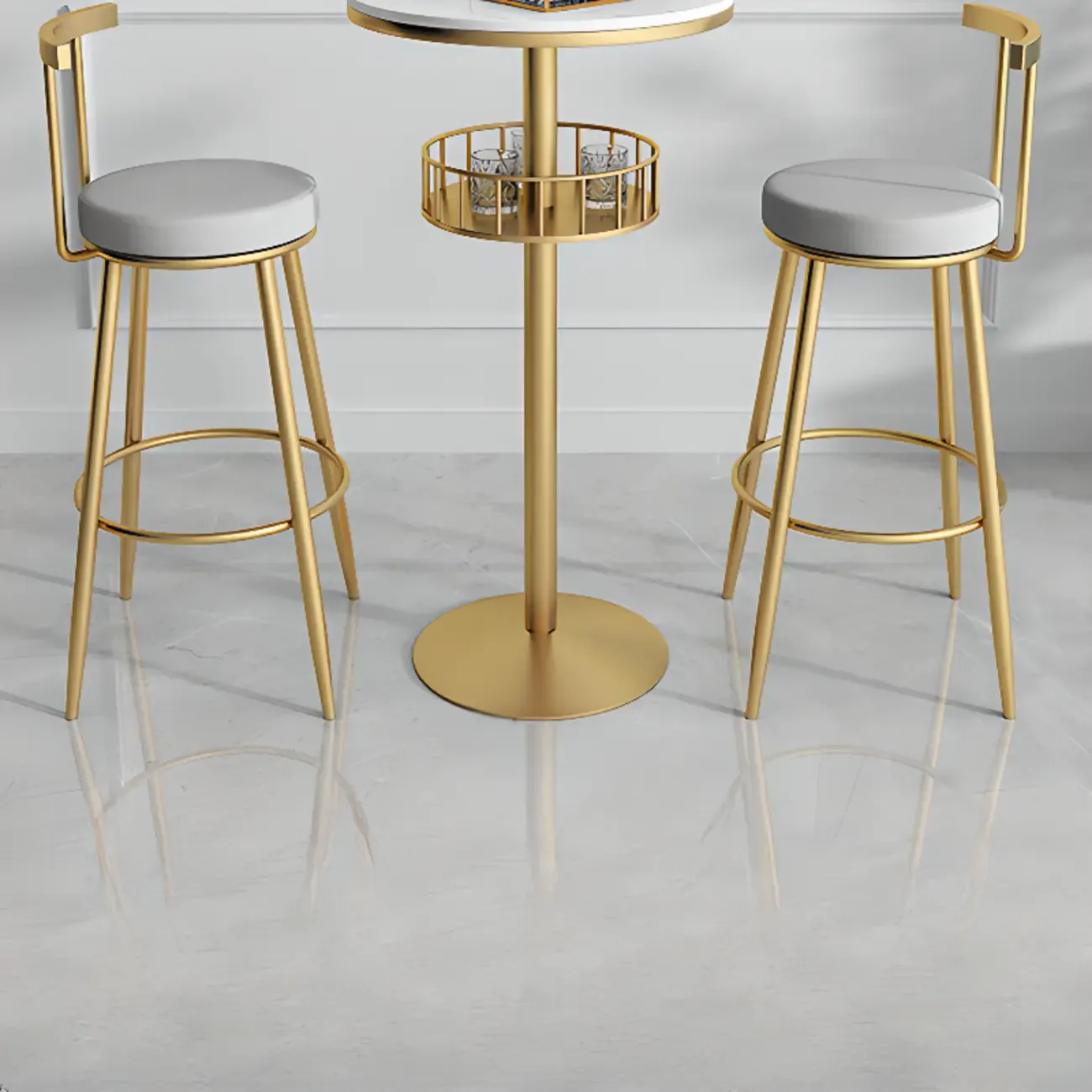 Glamorous Golden Marble Round Bar Table with Under Shelf Image - 13
