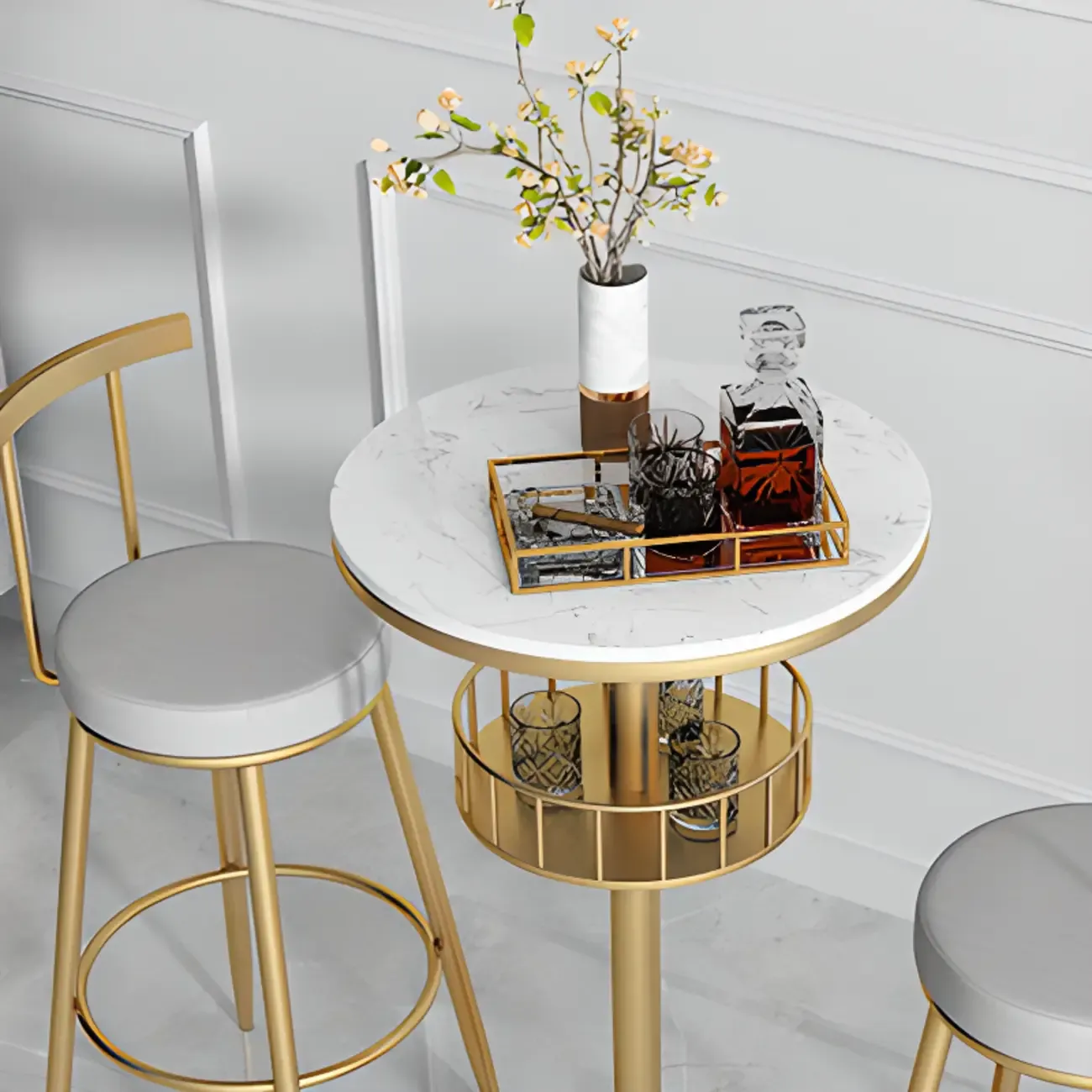 Glamorous Golden Marble Round Bar Table with Under Shelf Image - 15