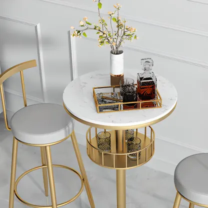 Glamorous Golden Marble Round Bar Table with Under Shelf Image - 15