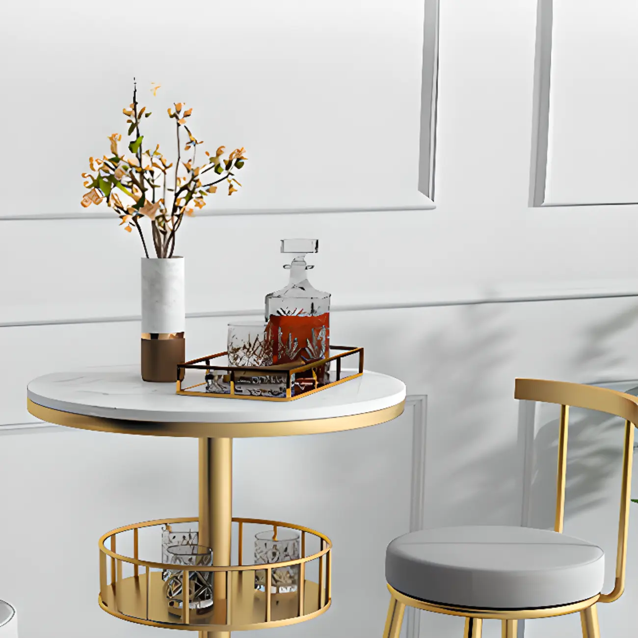 Glamorous Golden Marble Round Bar Table with Under Shelf Image - 16 | homeyfad