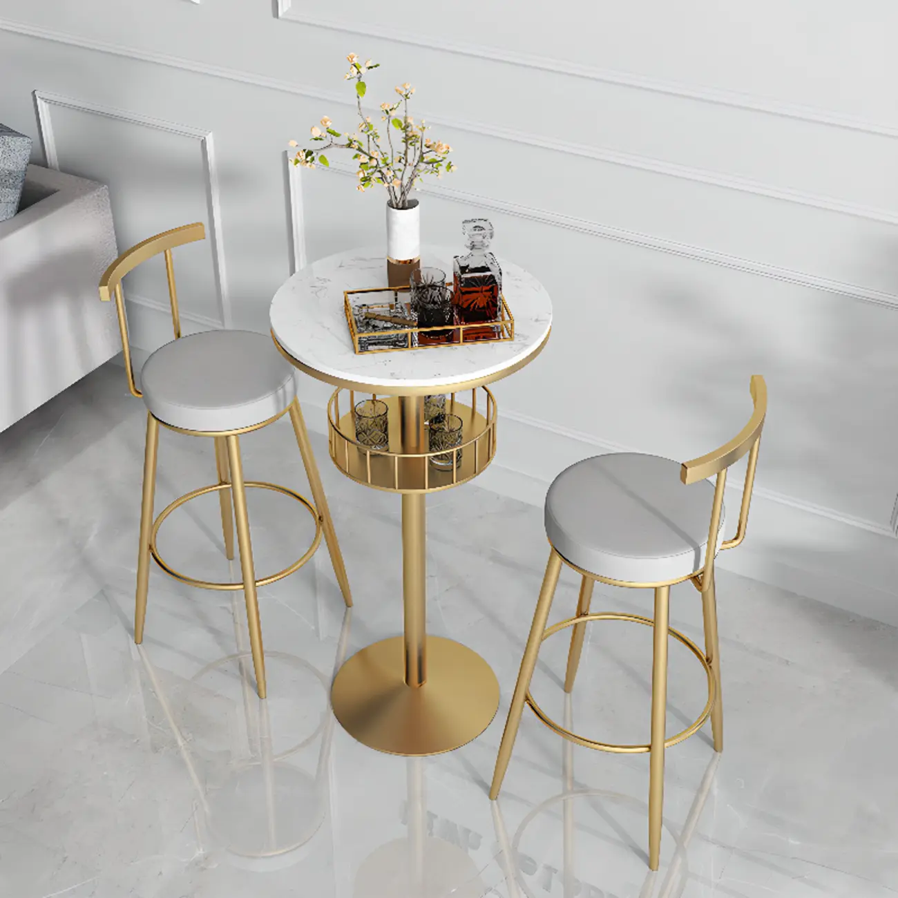 Glamorous Golden Marble Round Bar Table with Under Shelf Image - 19 | homeyfad