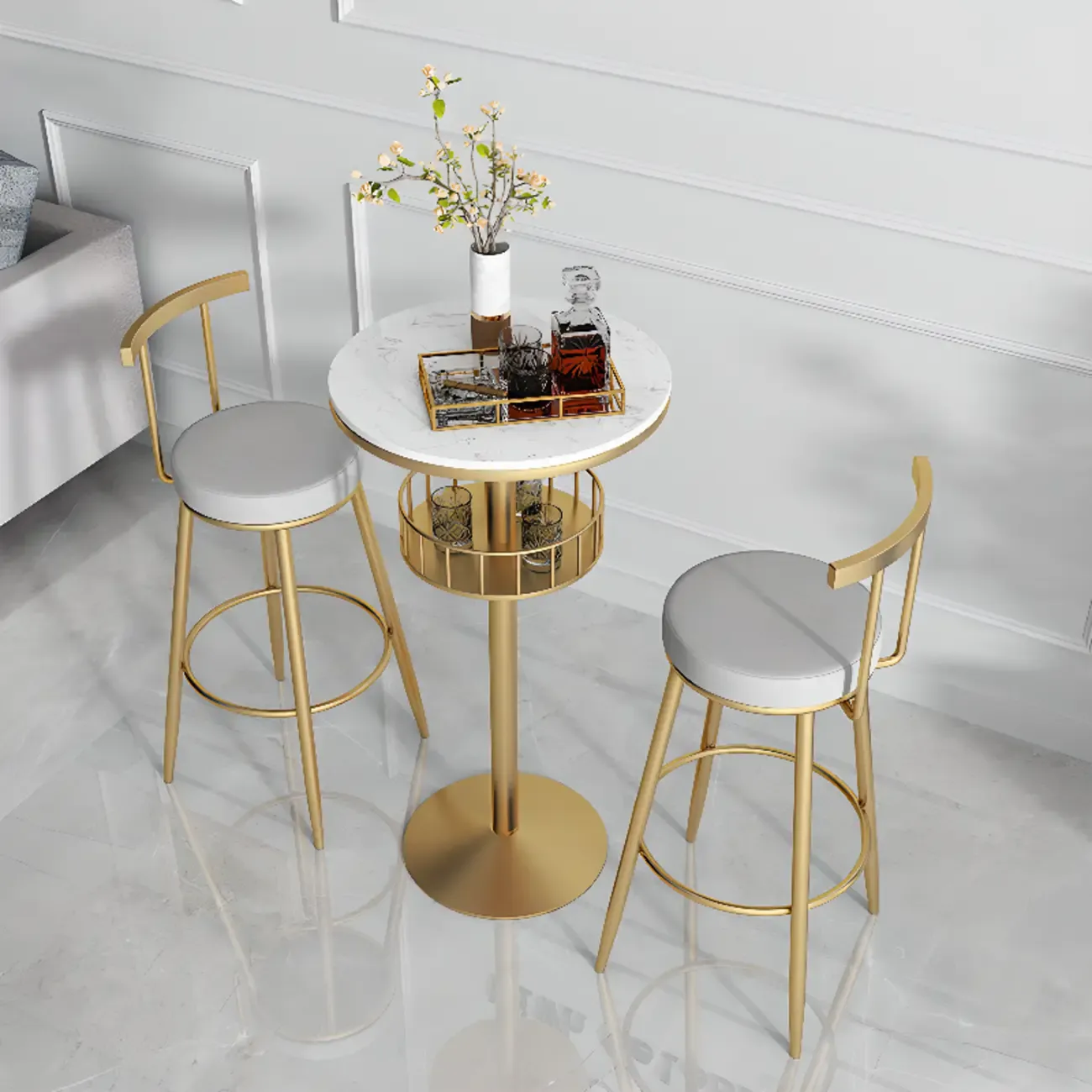 Glamorous Golden Marble Round Bar Table with Under Shelf Image - 19