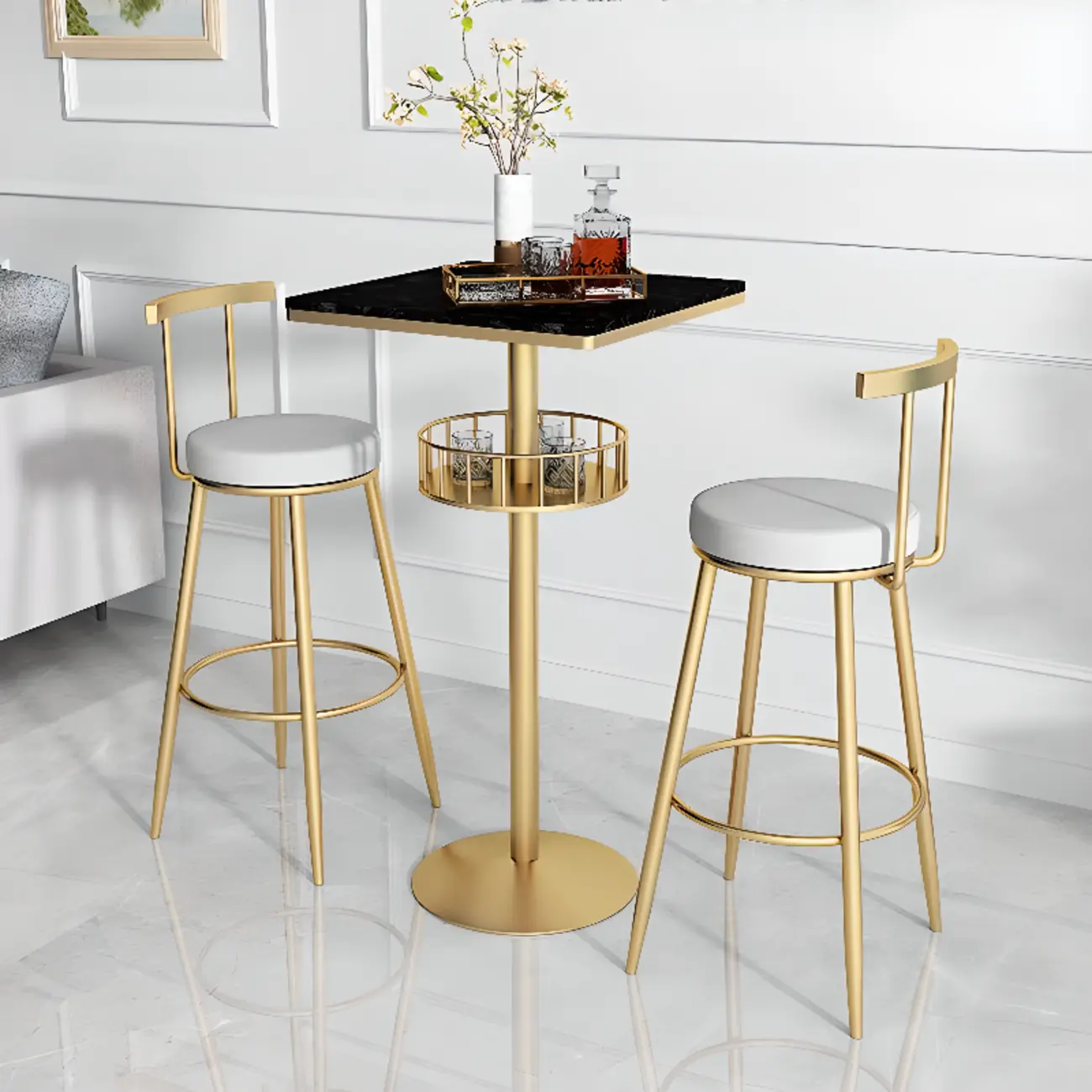 Glamorous Golden Marble Round Bar Table with Under Shelf Image - 20 | homeyfad