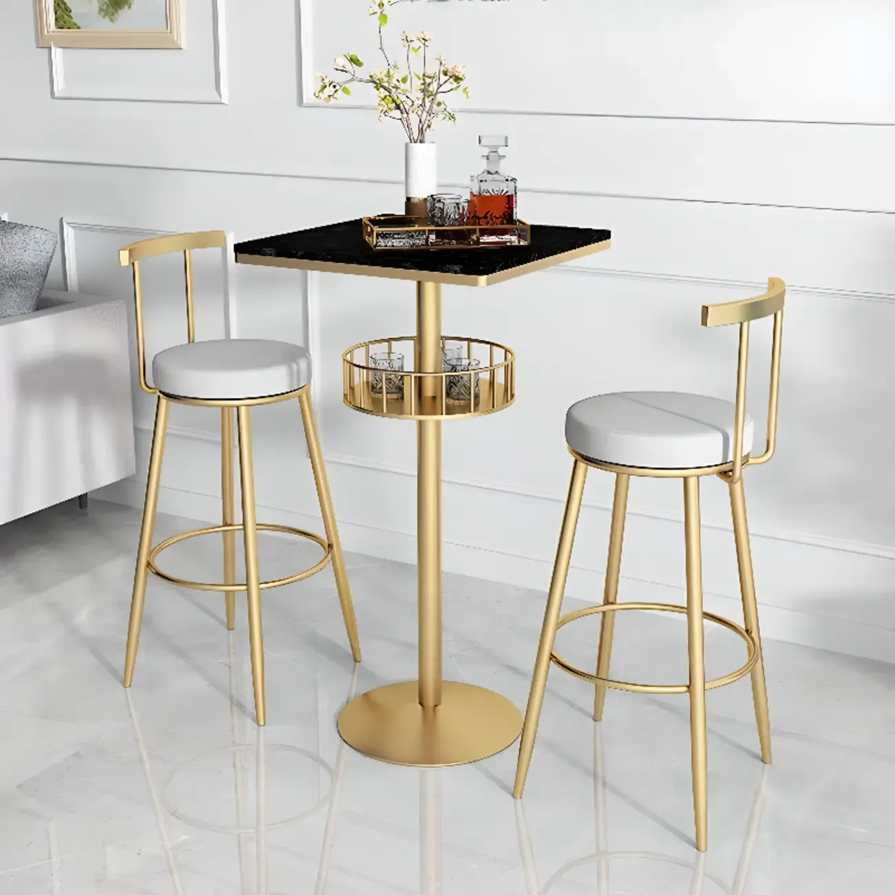 Glamorous Golden Marble Round Bar Table with Under Shelf Image - 20