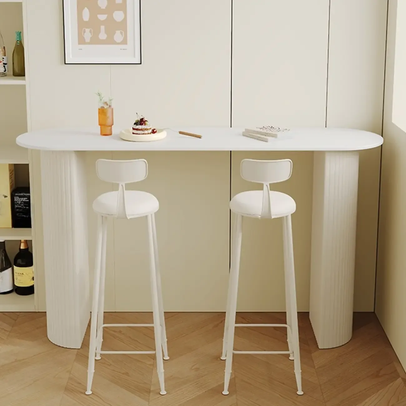 Modern White Stone Top Bar Table Double Pedestal Base Image - 1