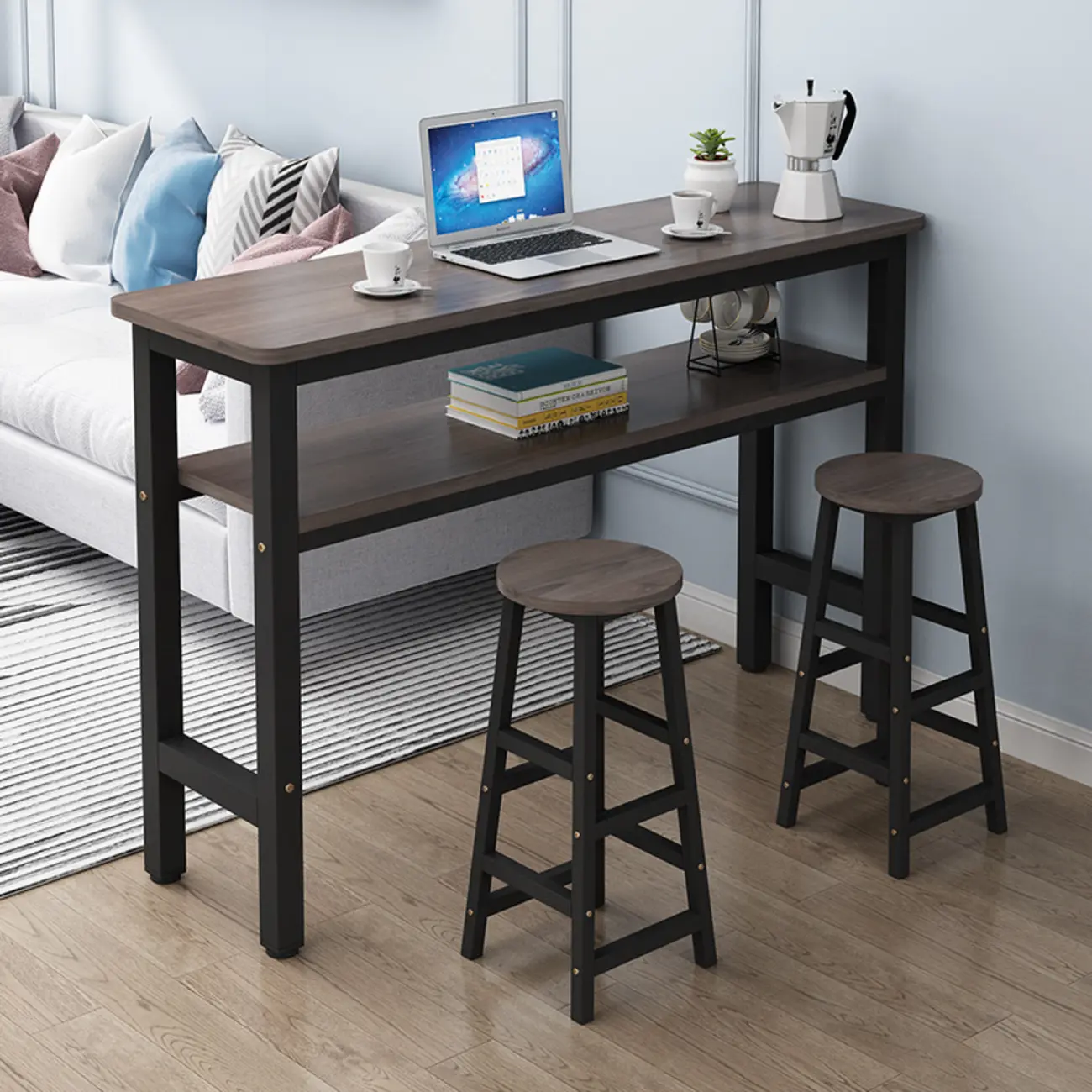 Rectangle Round Edge Wooden Bar Table Metal Base with Shelf Image - 1 | homeyfad