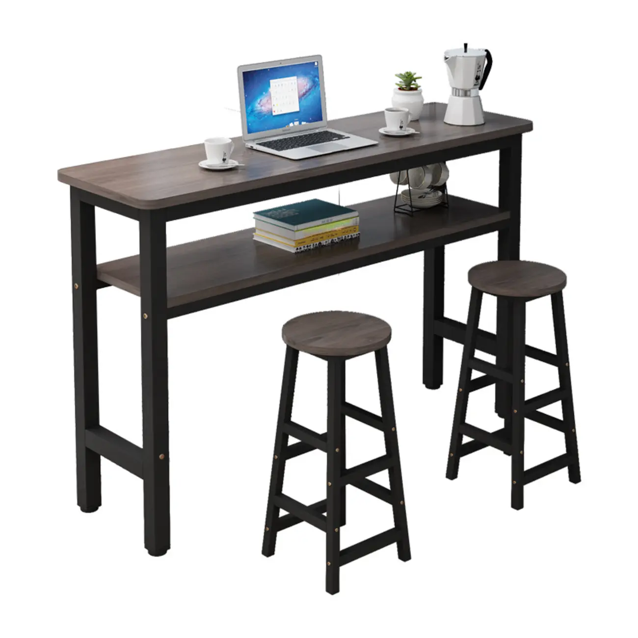 Rectangle Round Edge Wooden Bar Table Metal Base with Shelf Image - 2 | homeyfad