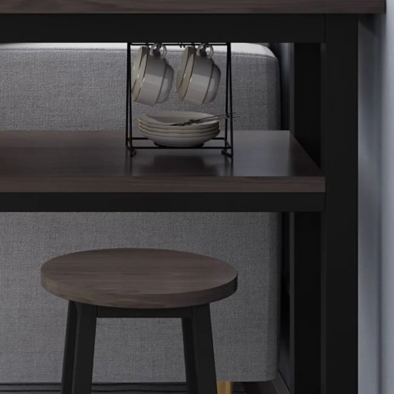 Rectangle Round Edge Wooden Bar Table Metal Base with Shelf Image - 3 | homeyfad