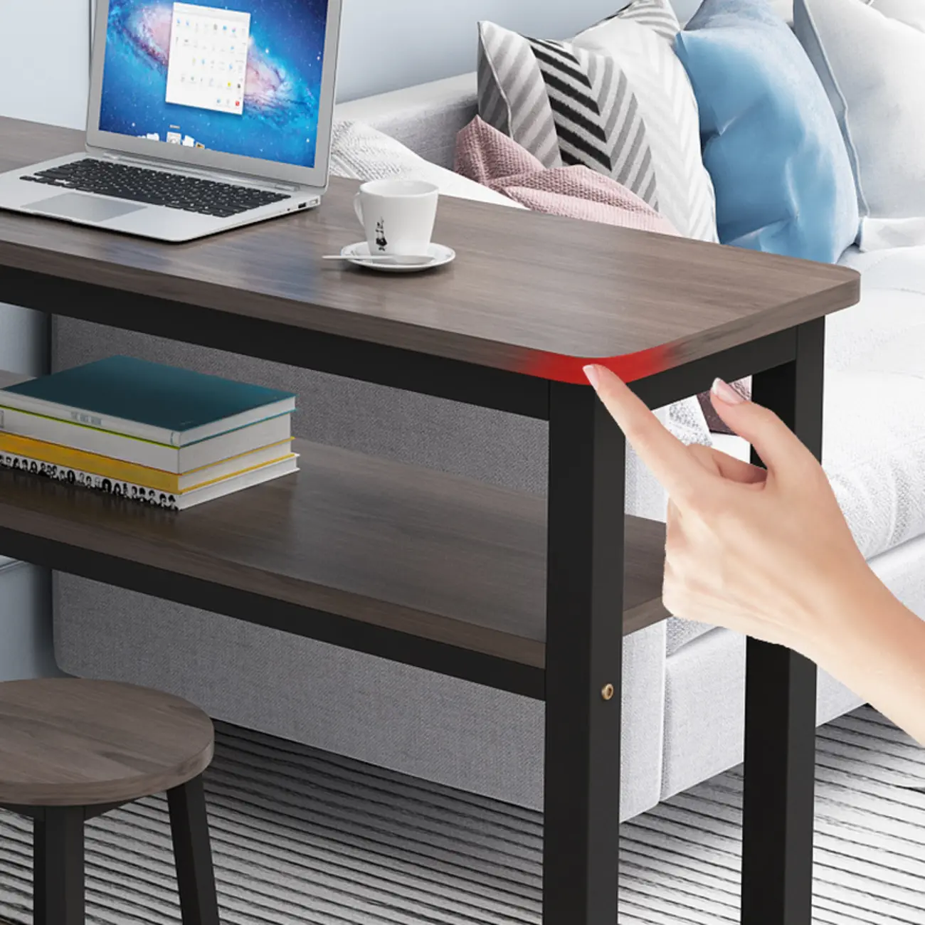 Rectangle Round Edge Wooden Bar Table Metal Base with Shelf Image - 4 | homeyfad