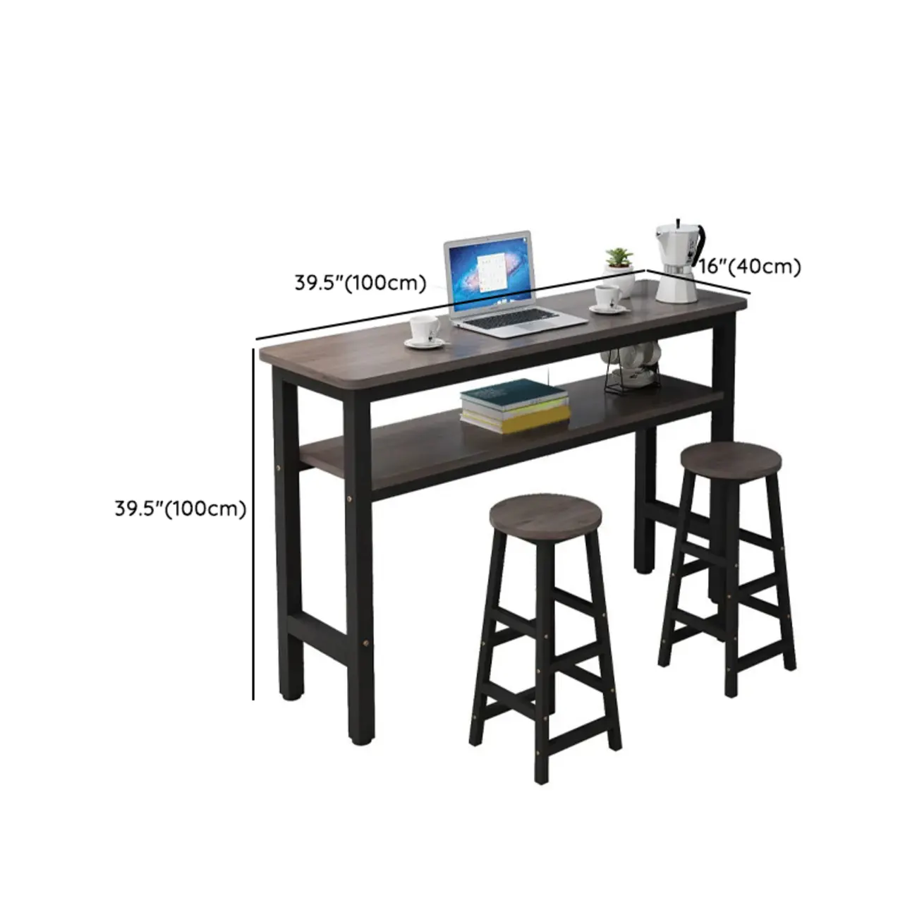 Rectangle Round Edge Wooden Bar Table Metal Base with Shelf #size | homeyfad