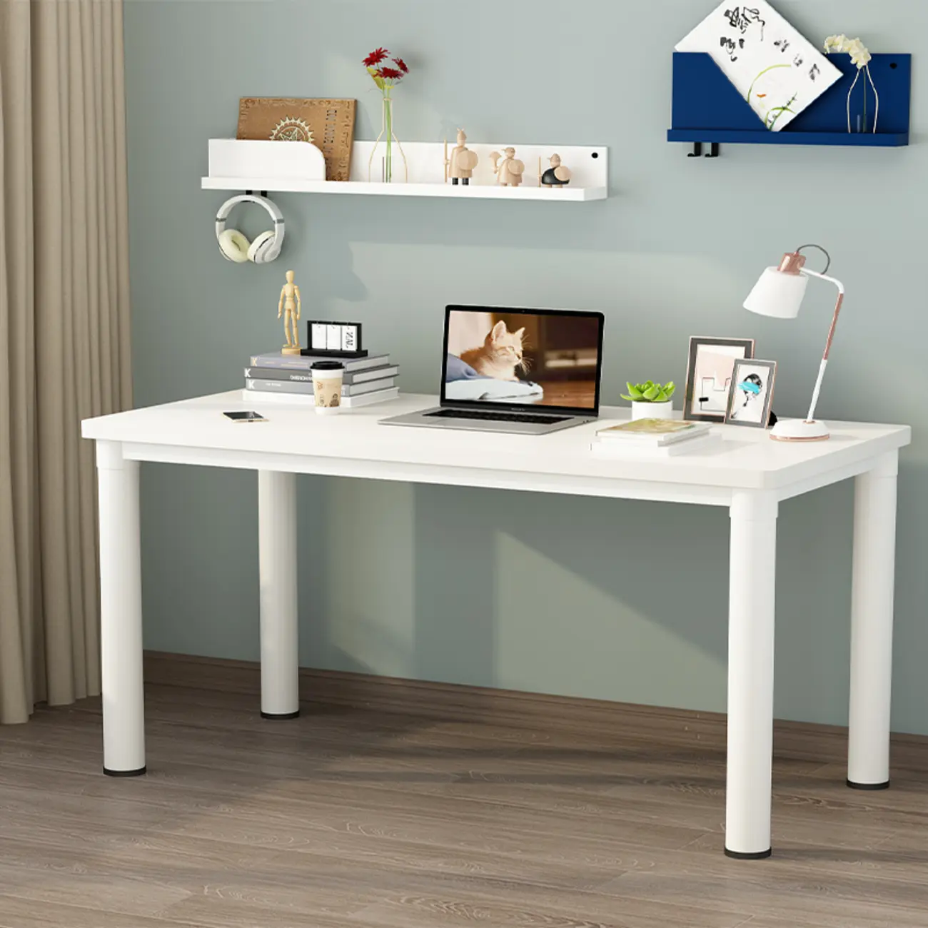 Simple Rectangle White Wood Metal Base Writing Desk Image - 1 | homeyfad