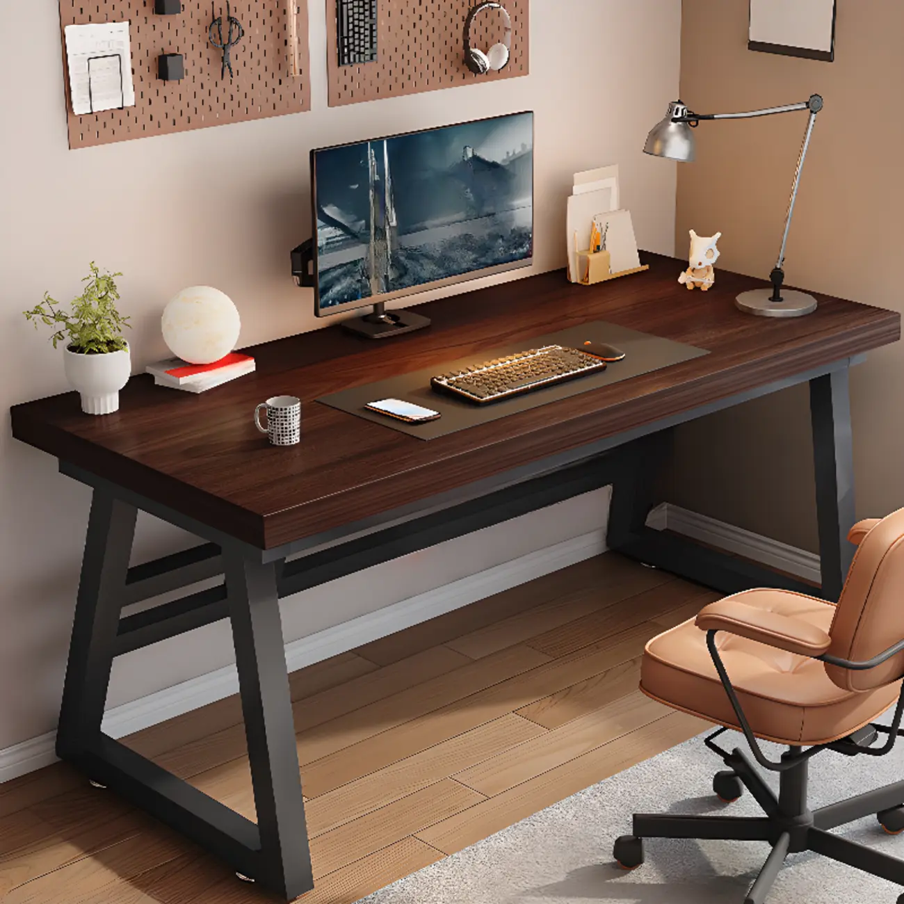Modern Black Base Brown Wood Anti-Slip Computer Office Desk Image - 1 | homeyfad
