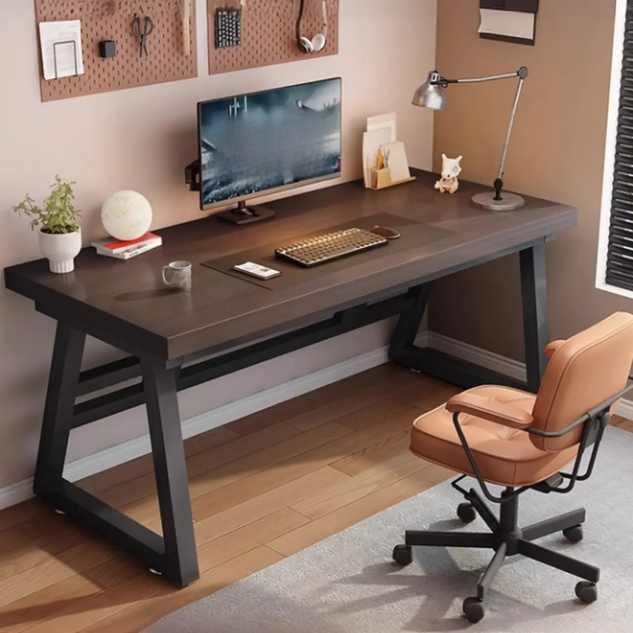 Modern Black Base Brown Wood Anti-Slip Computer Office Desk Image - 2 | homeyfad