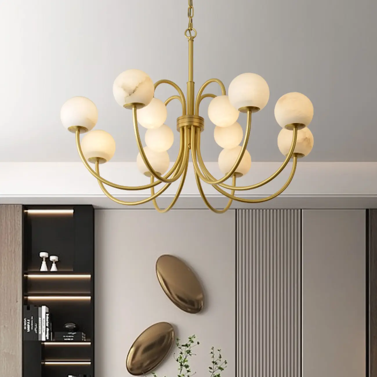 Elegant Brass Branch Alabaster Globe Pendant Chandelier Image - 1 | homeyfad