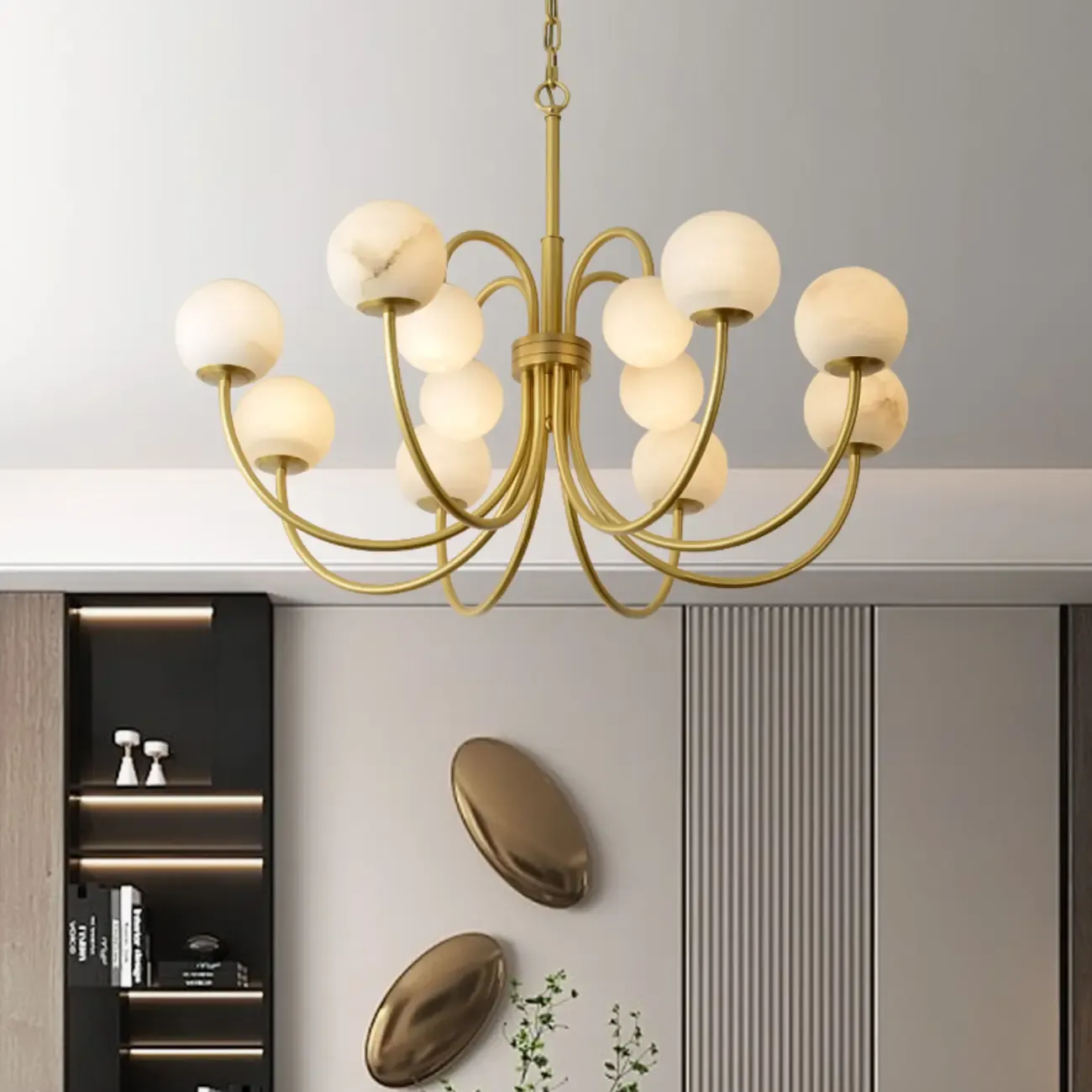 Elegant Brass Branch Alabaster Globe Pendant Chandelier Image - 1