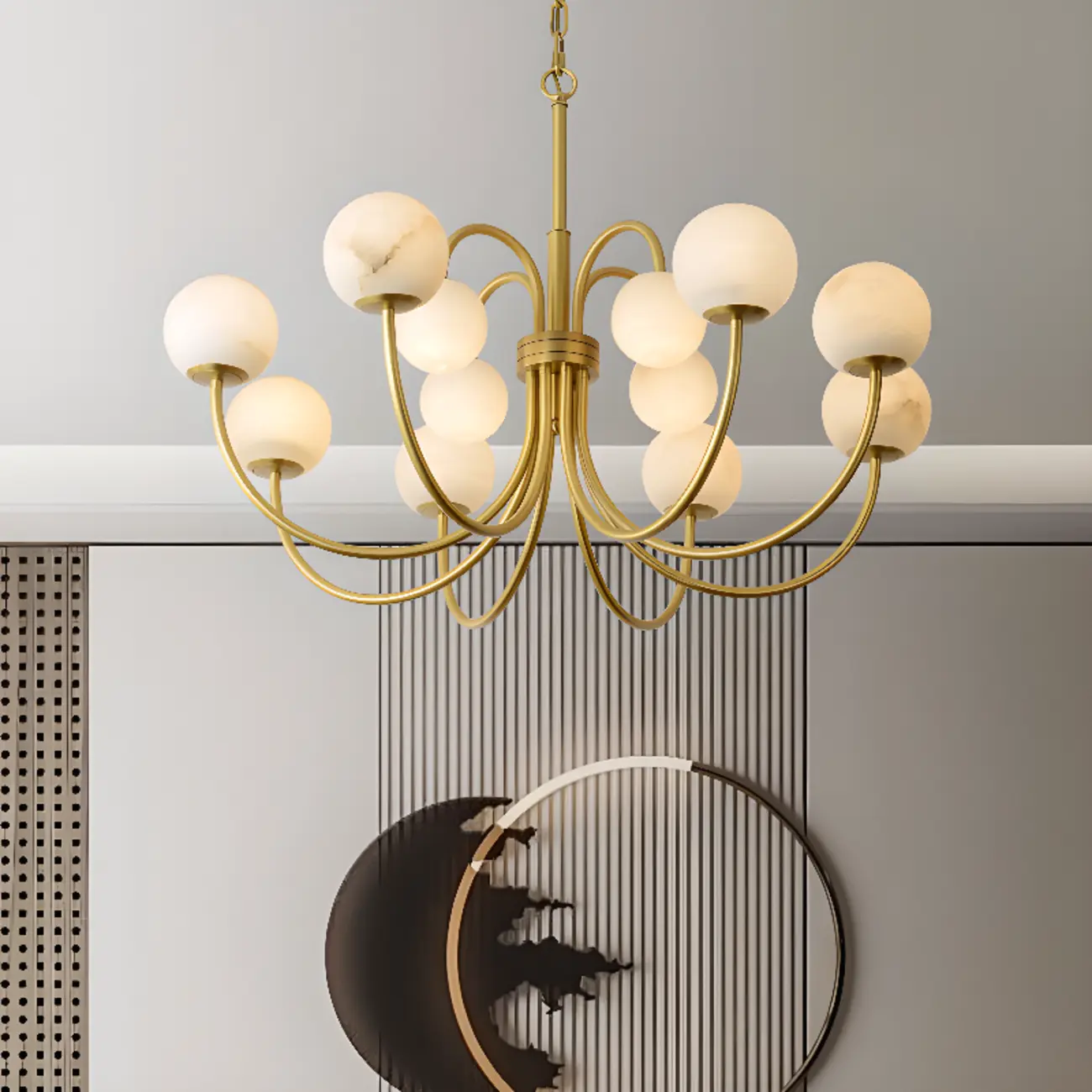 Elegant Brass Branch Alabaster Globe Pendant Chandelier Image - 6 | homeyfad