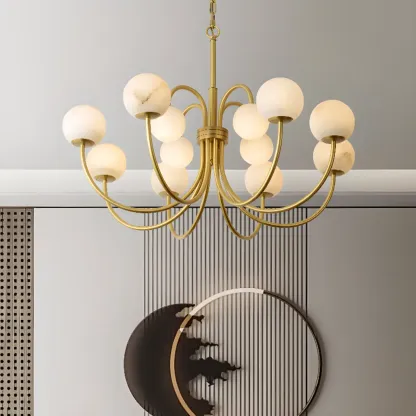 Elegant Brass Branch Alabaster Globe Pendant Chandelier Image - 6