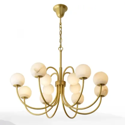 Elegant Brass Branch Alabaster Globe Pendant Chandelier Image - 8