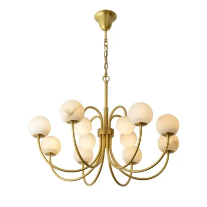 Elegant Brass Branch Alabaster Globe Pendant Chandelier Image - 9