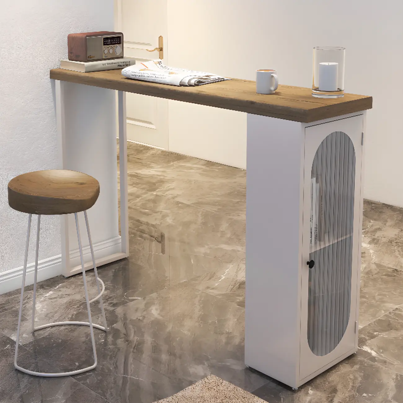 Modern Natural Wood Bar Table Metal Base with Side Cabinet Image - 1 | homeyfad