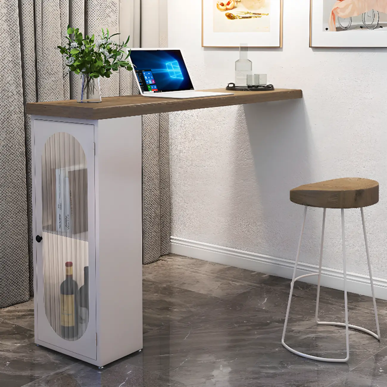 Modern Natural Wood Bar Table Metal Base with Side Cabinet Image - 4 | homeyfad