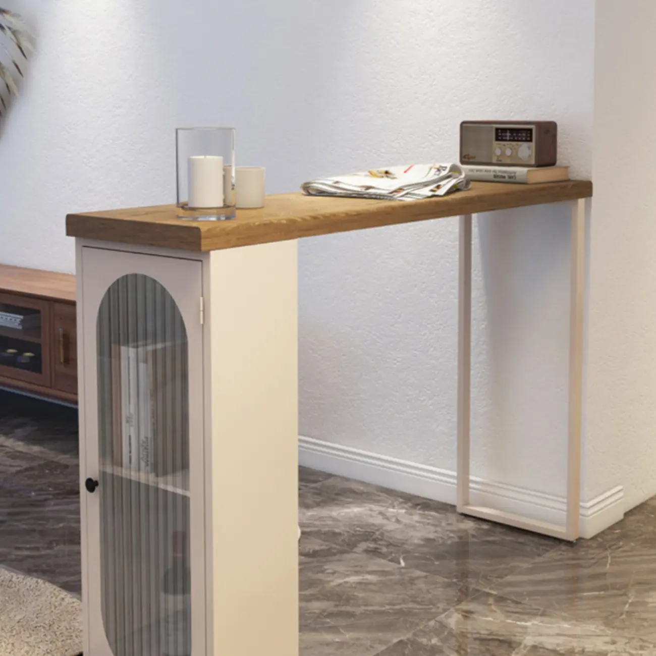 Modern Natural Wood Bar Table Metal Base with Side Cabinet Image - 7 | homeyfad