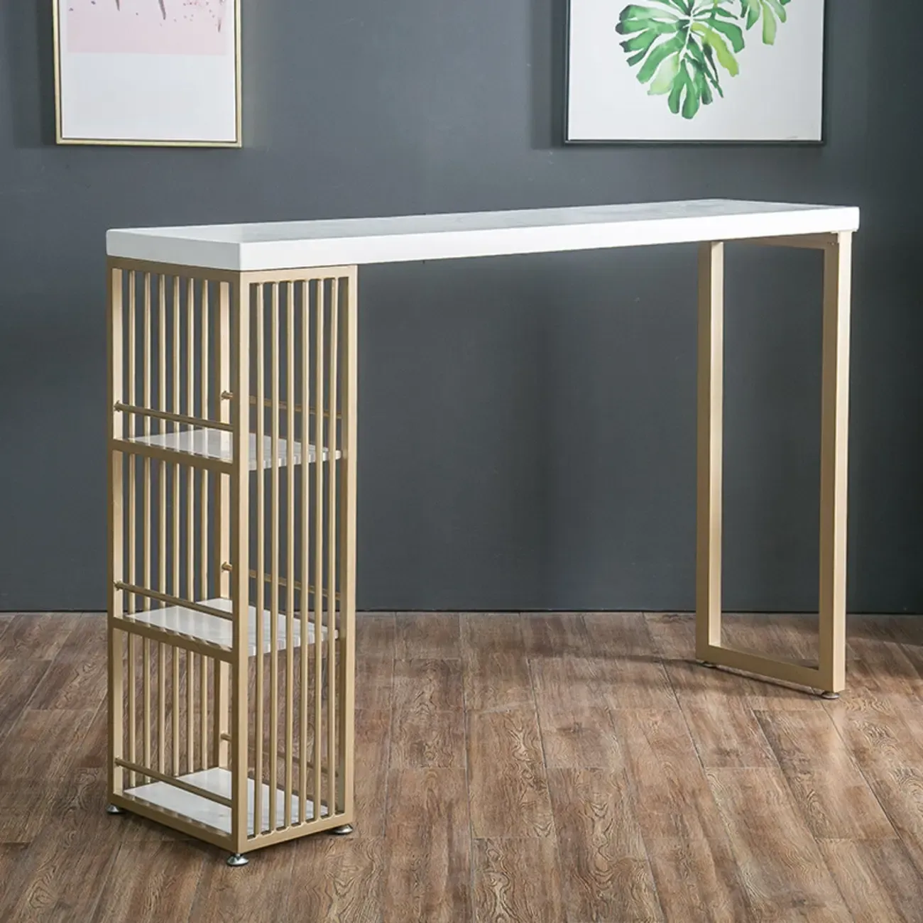 Modern Rectangle Wood Pub Table with 3 Shelves for Home Bar Image - 5