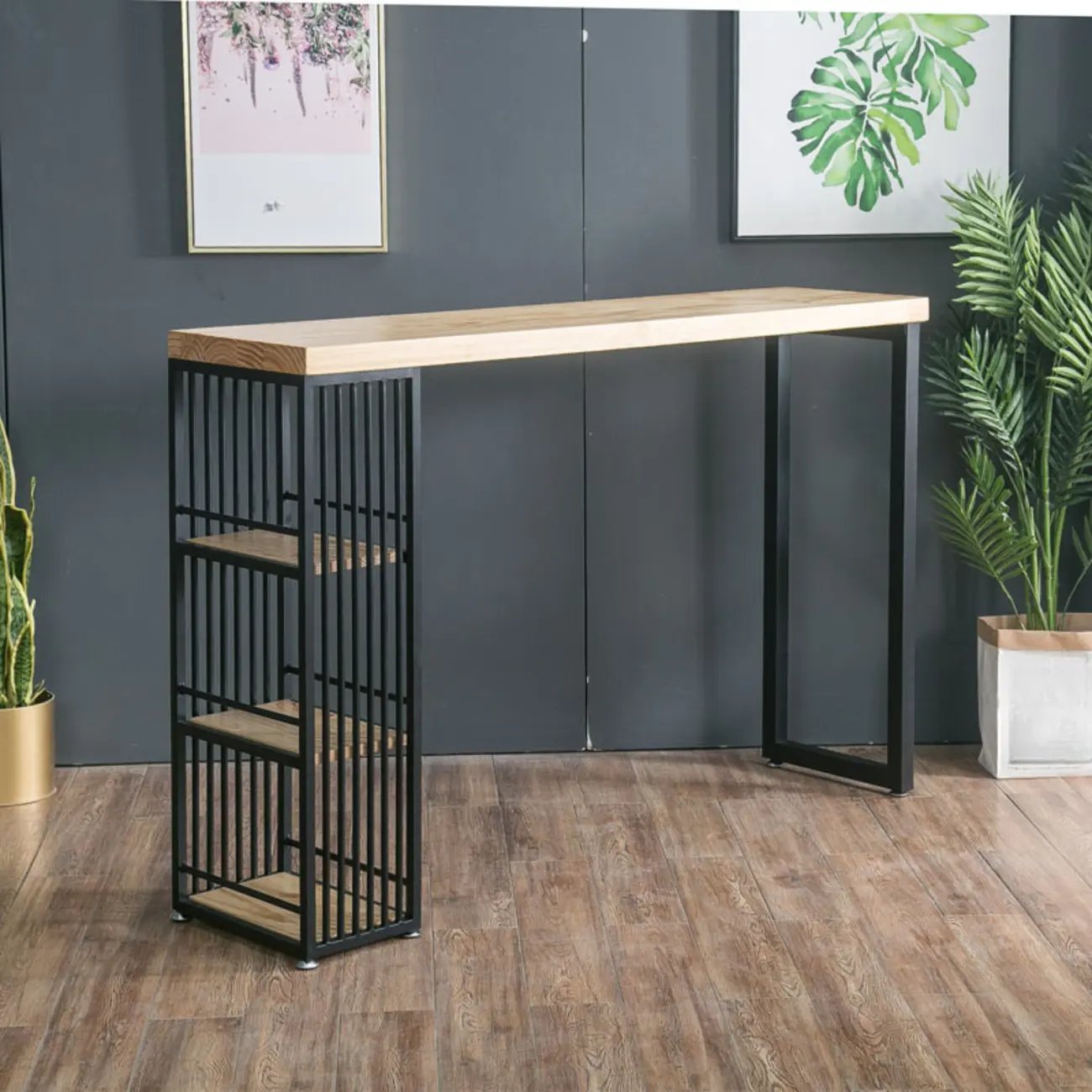 Modern Rectangle Wood Pub Table with 3 Shelves for Home Bar Image - 11 | homeyfad