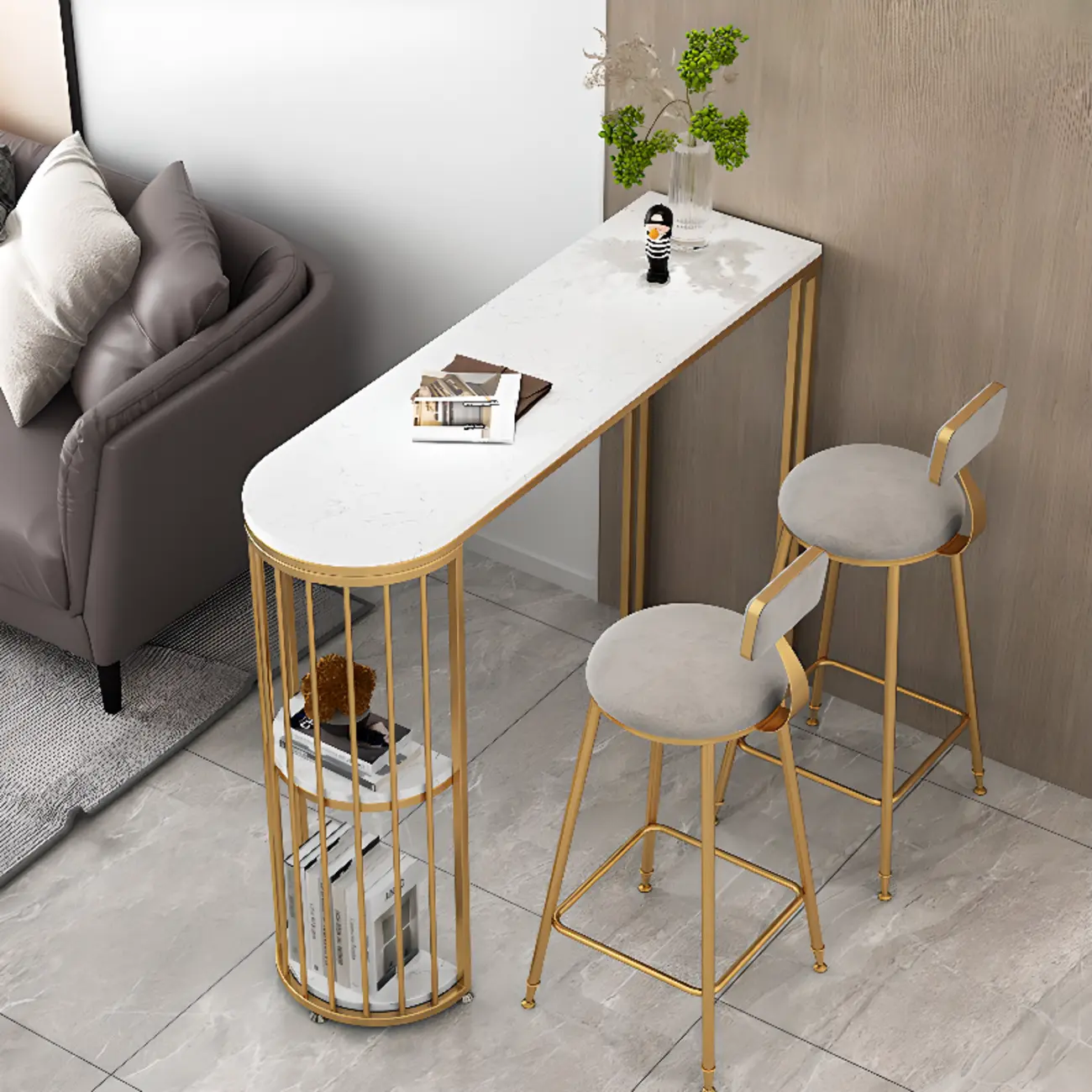 Modern Bistro Golden Bar Table Marble Top with 2 Shelves Image - 1 | homeyfad