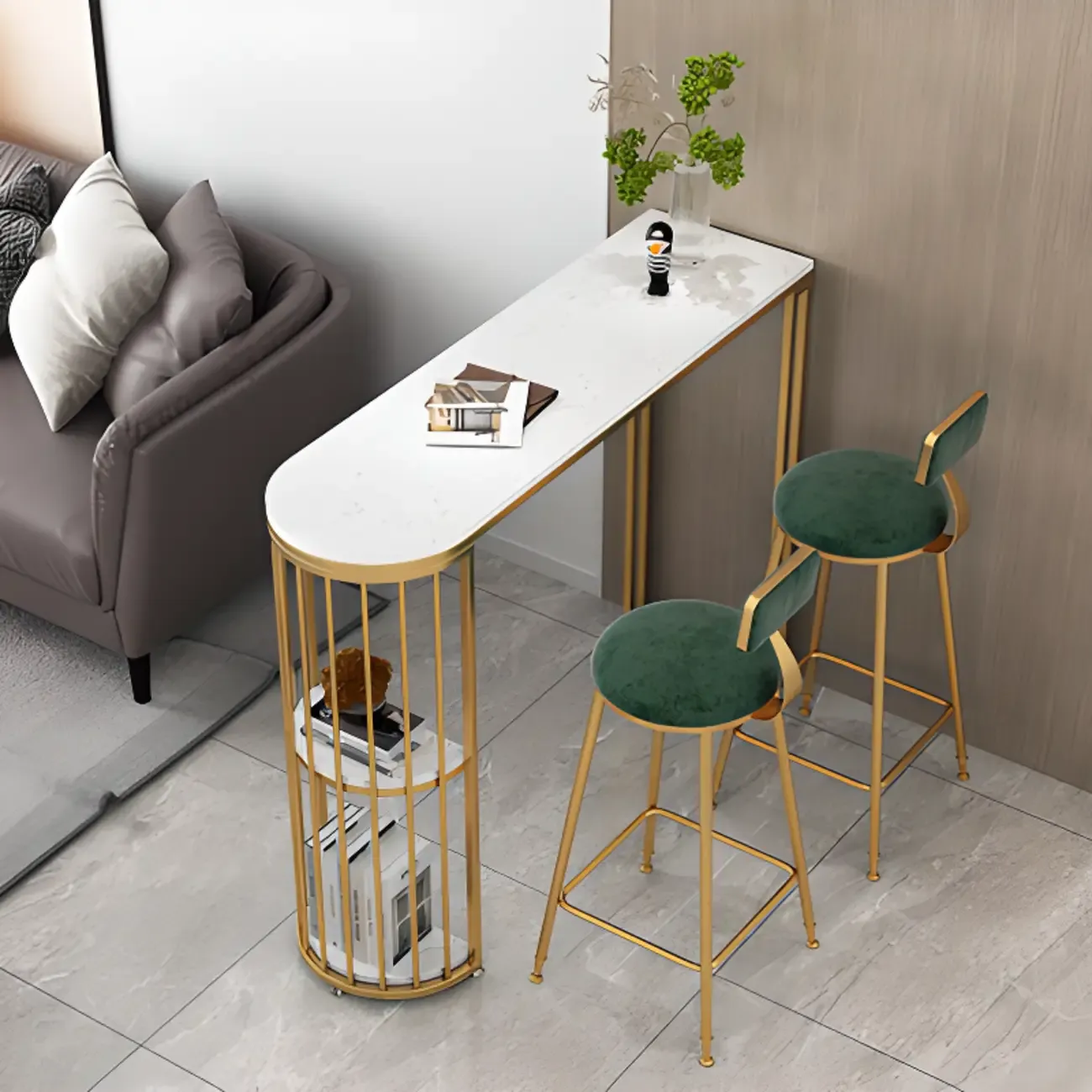 Modern Bistro Golden Bar Table Marble Top with 2 Shelves Image - 2