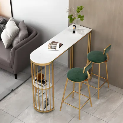 Modern Bistro Golden Bar Table Marble Top with 2 Shelves Image - 2