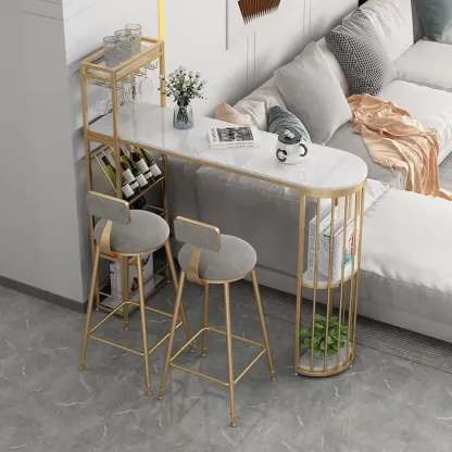 Modern Bistro Golden Bar Table Marble Top with 2 Shelves Image - 4