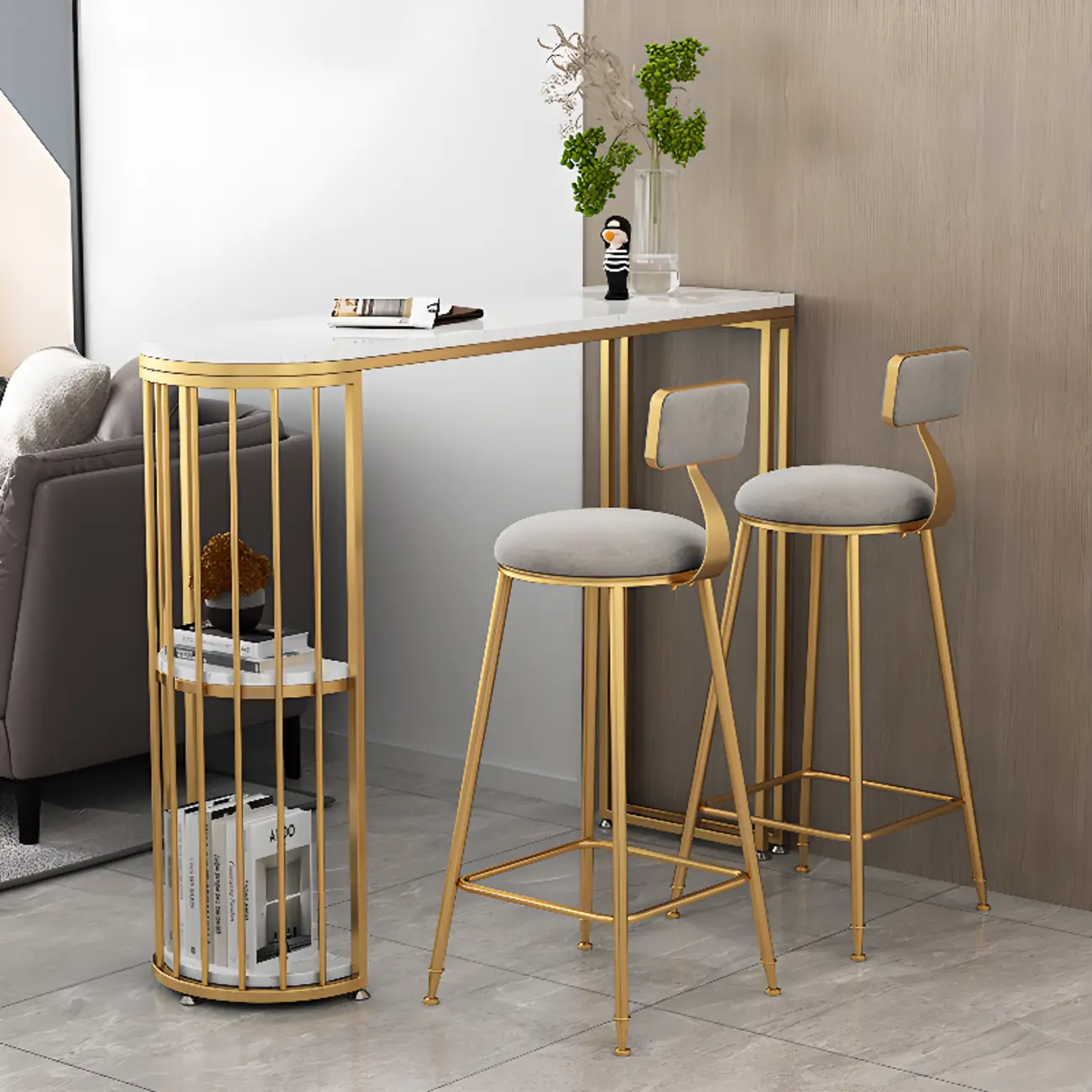 Modern Bistro Golden Bar Table Marble Top with 2 Shelves Image - 6 | homeyfad