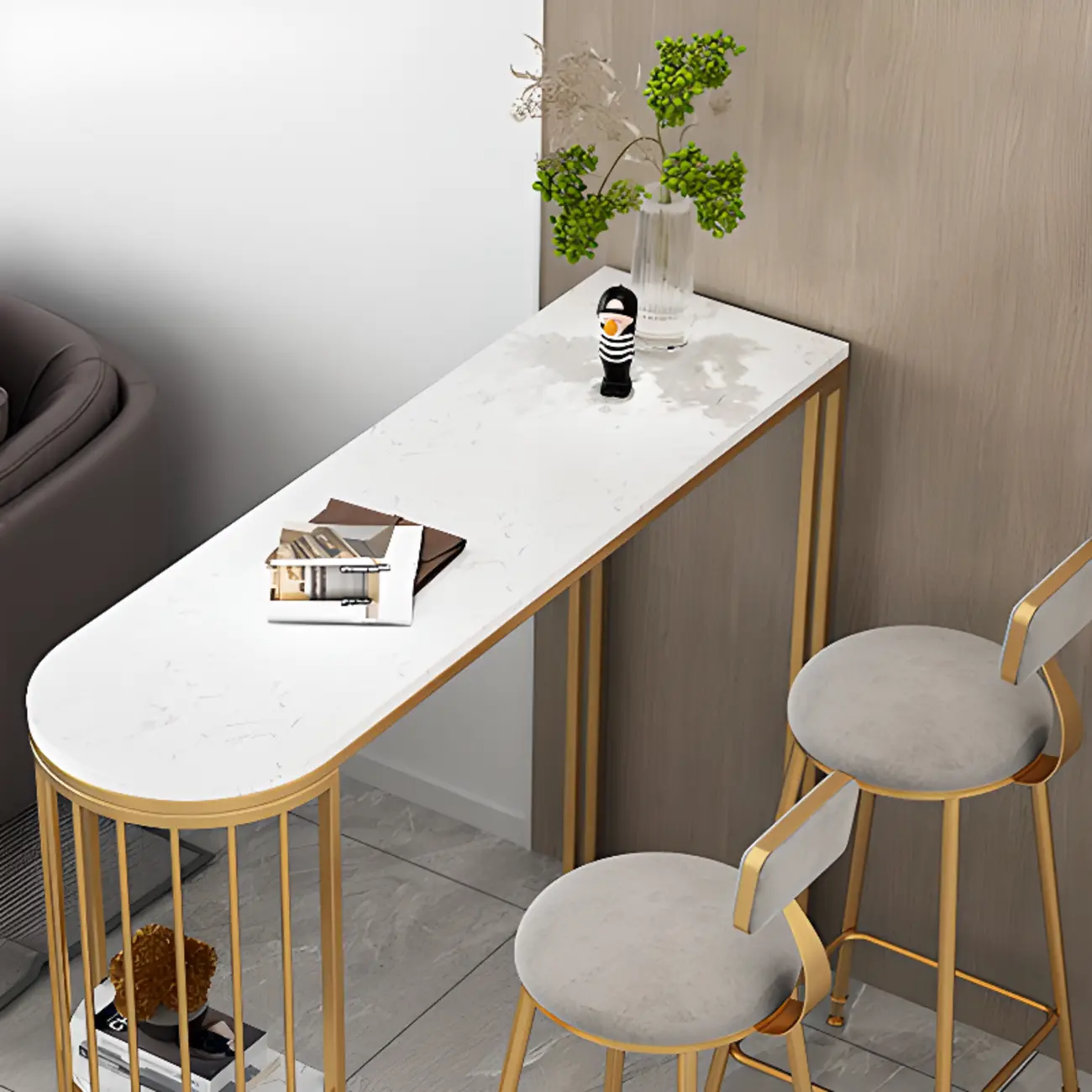 Modern Bistro Golden Bar Table Marble Top with 2 Shelves Image - 8 | homeyfad