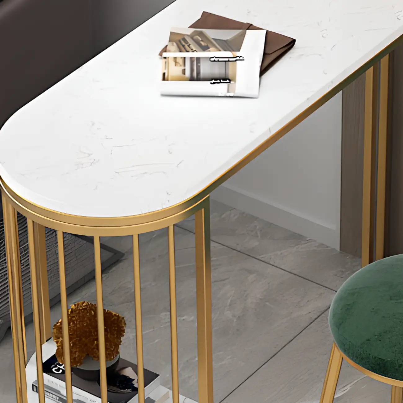 Modern Bistro Golden Bar Table Marble Top with 2 Shelves Image - 9 | homeyfad