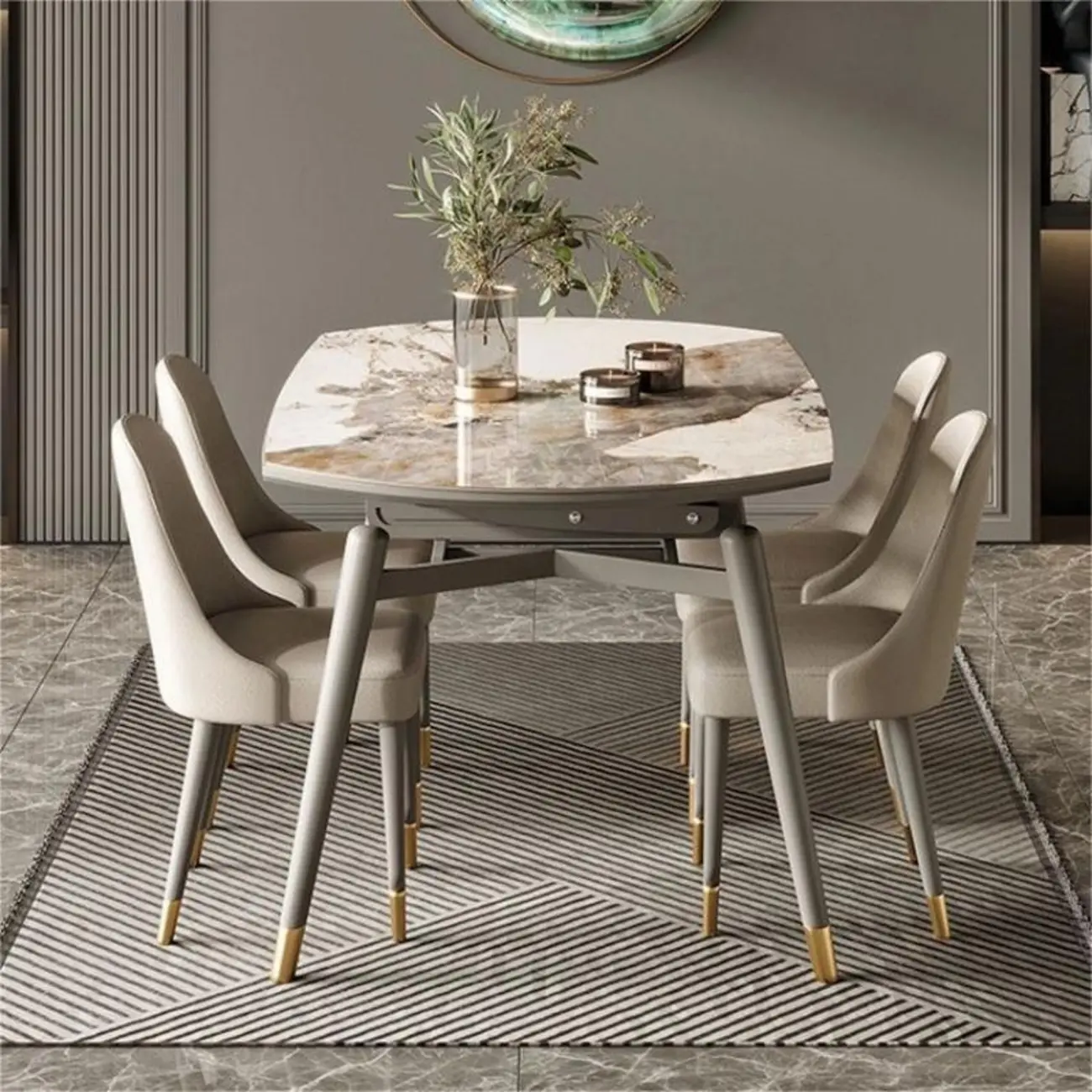 Ash Wood Stone Round Extendable Dining Table Image - 1 | homeyfad