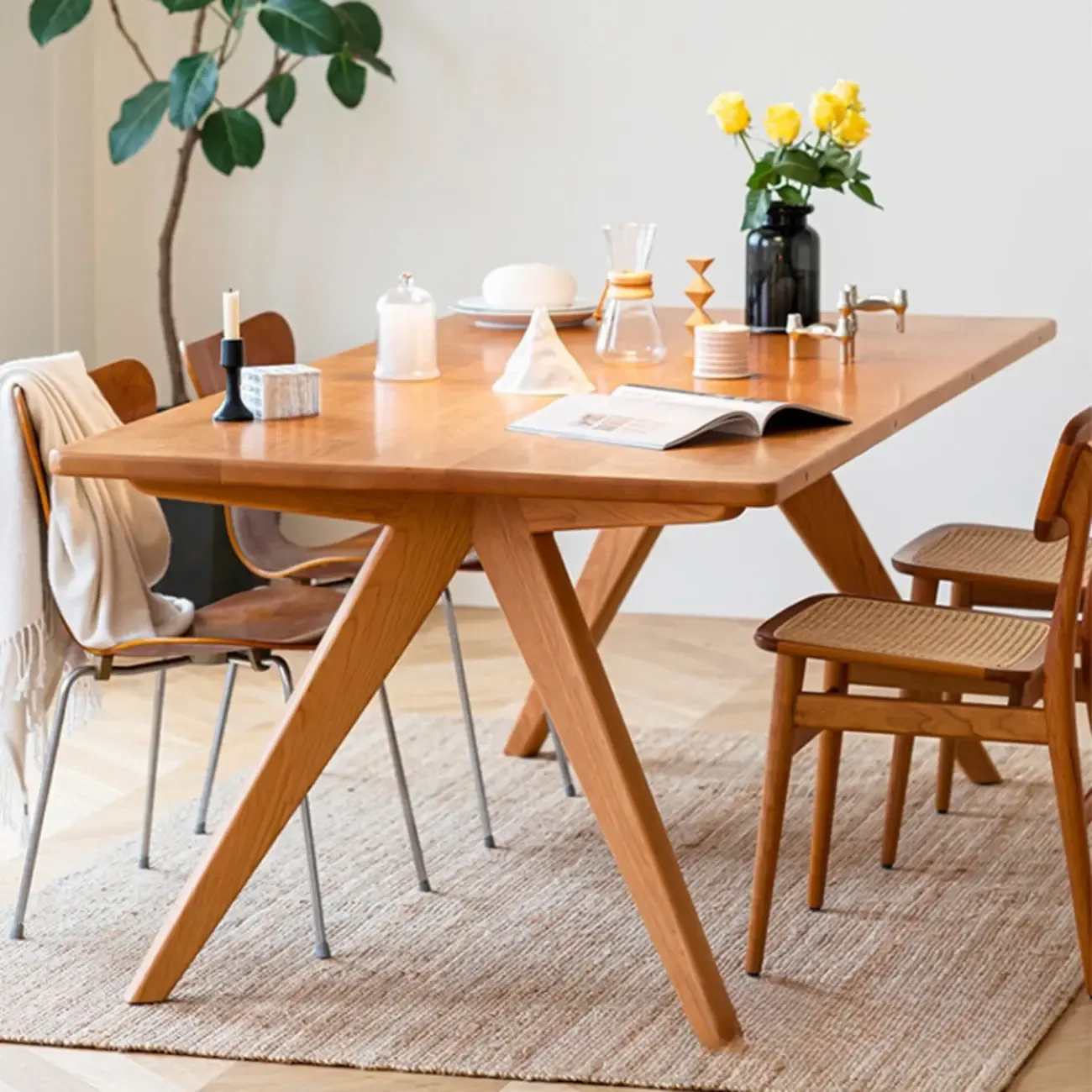 Stylish Natural Wood Rectangle Dining Table Image - 2