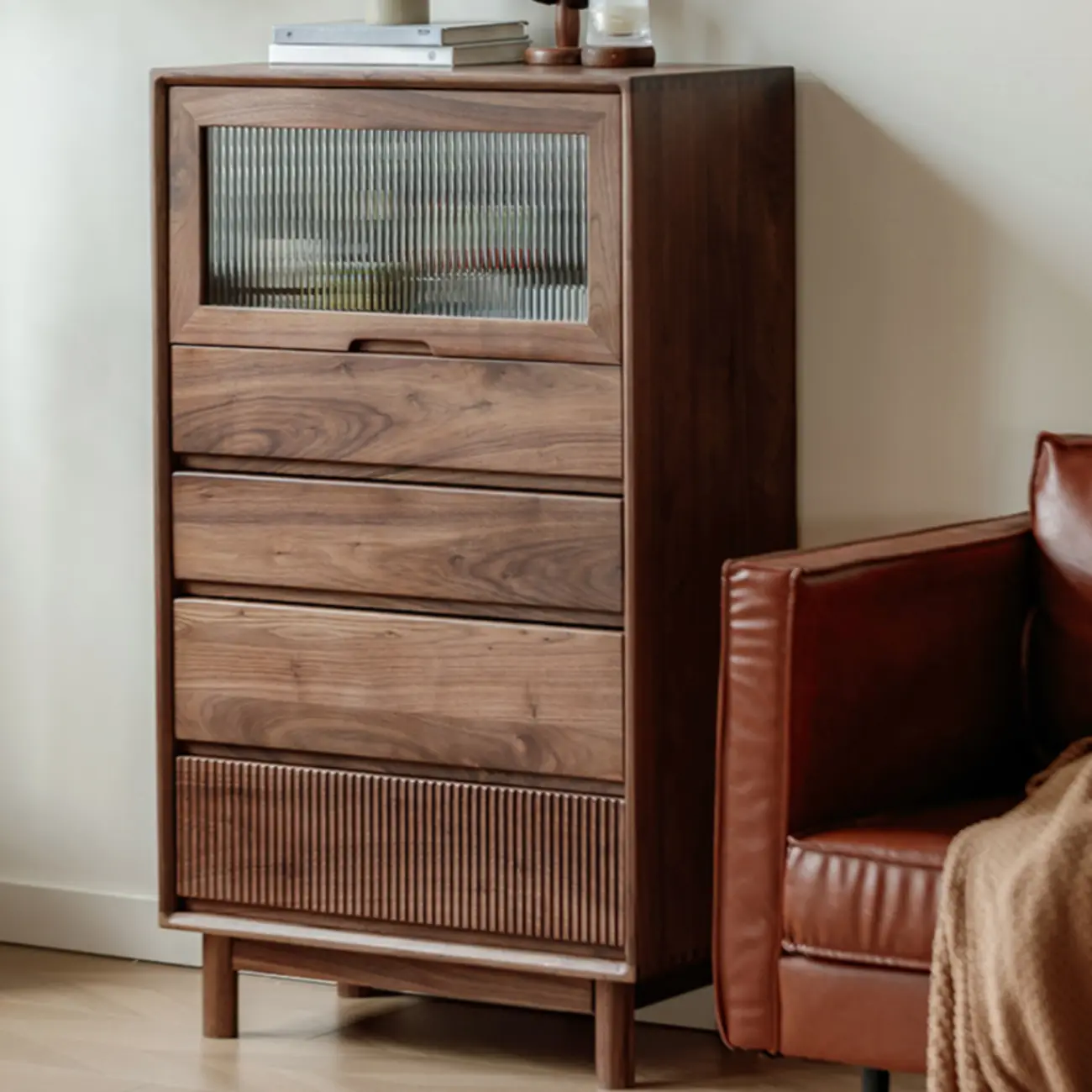 47"H Modern Walnut Flip-Up Glass Door Storage Cabinet Image - 3 | homeyfad