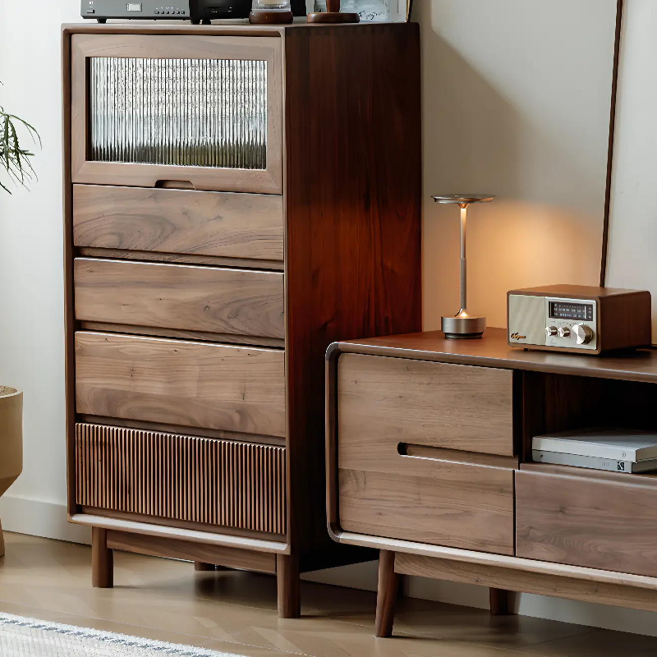 47"H Modern Walnut Flip-Up Glass Door Storage Cabinet Image - 4 | homeyfad