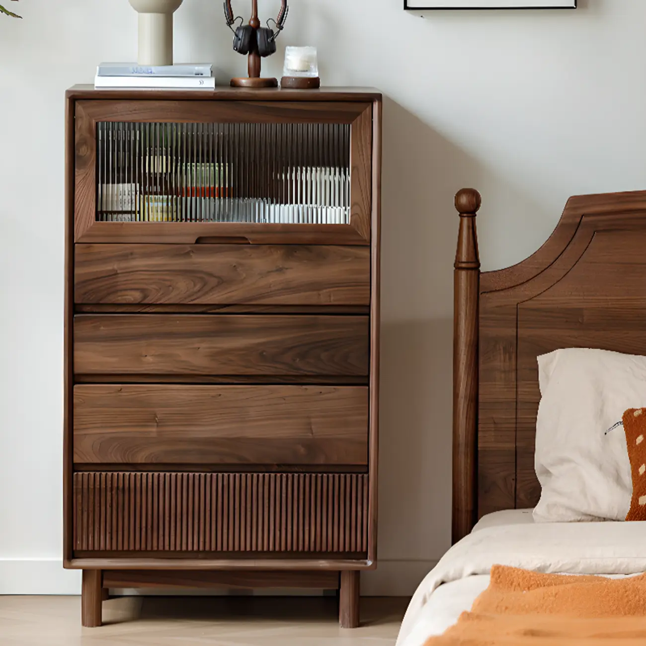 47"H Modern Walnut Flip-Up Glass Door Storage Cabinet Image - 1 | homeyfad