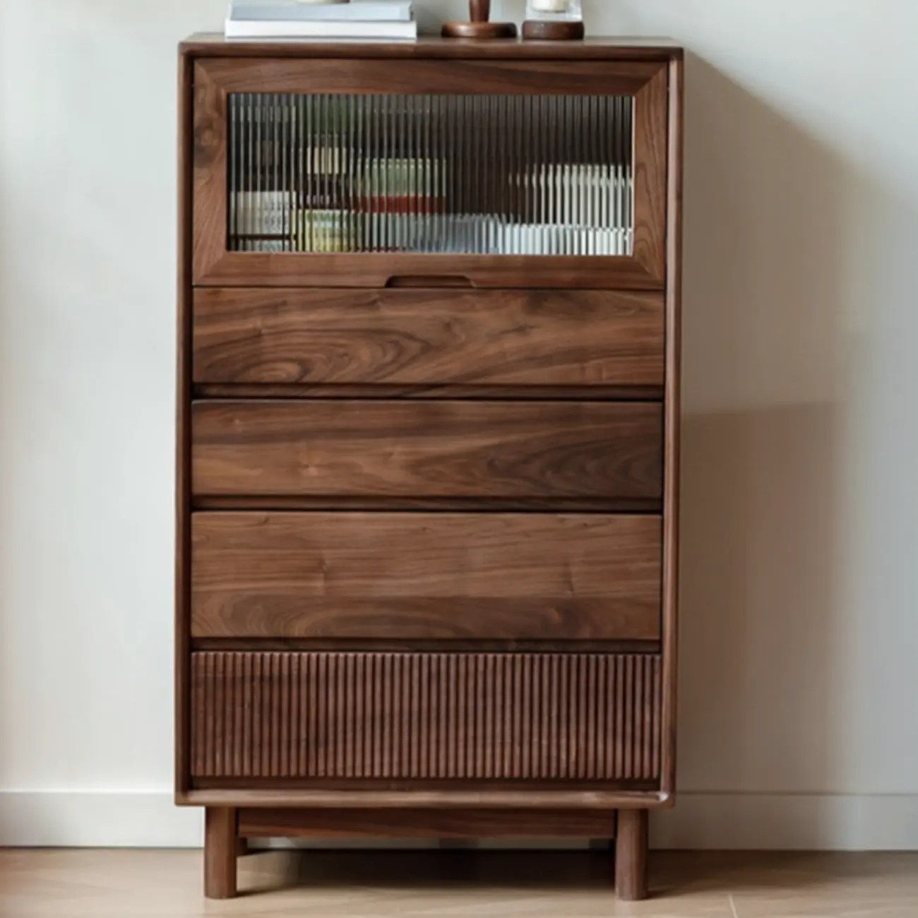 47"H Modern Walnut Flip-Up Glass Door Storage Cabinet Image - 2 | homeyfad