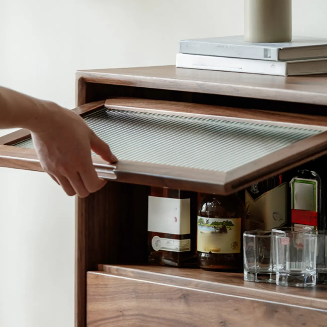 47"H Modern Walnut Flip-Up Glass Door Storage Cabinet Image - 7 | homeyfad