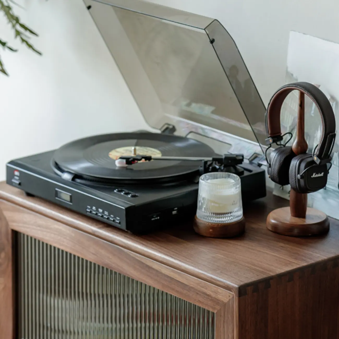 47"H Modern Walnut Flip-Up Glass Door Storage Cabinet Image - 8 | homeyfad