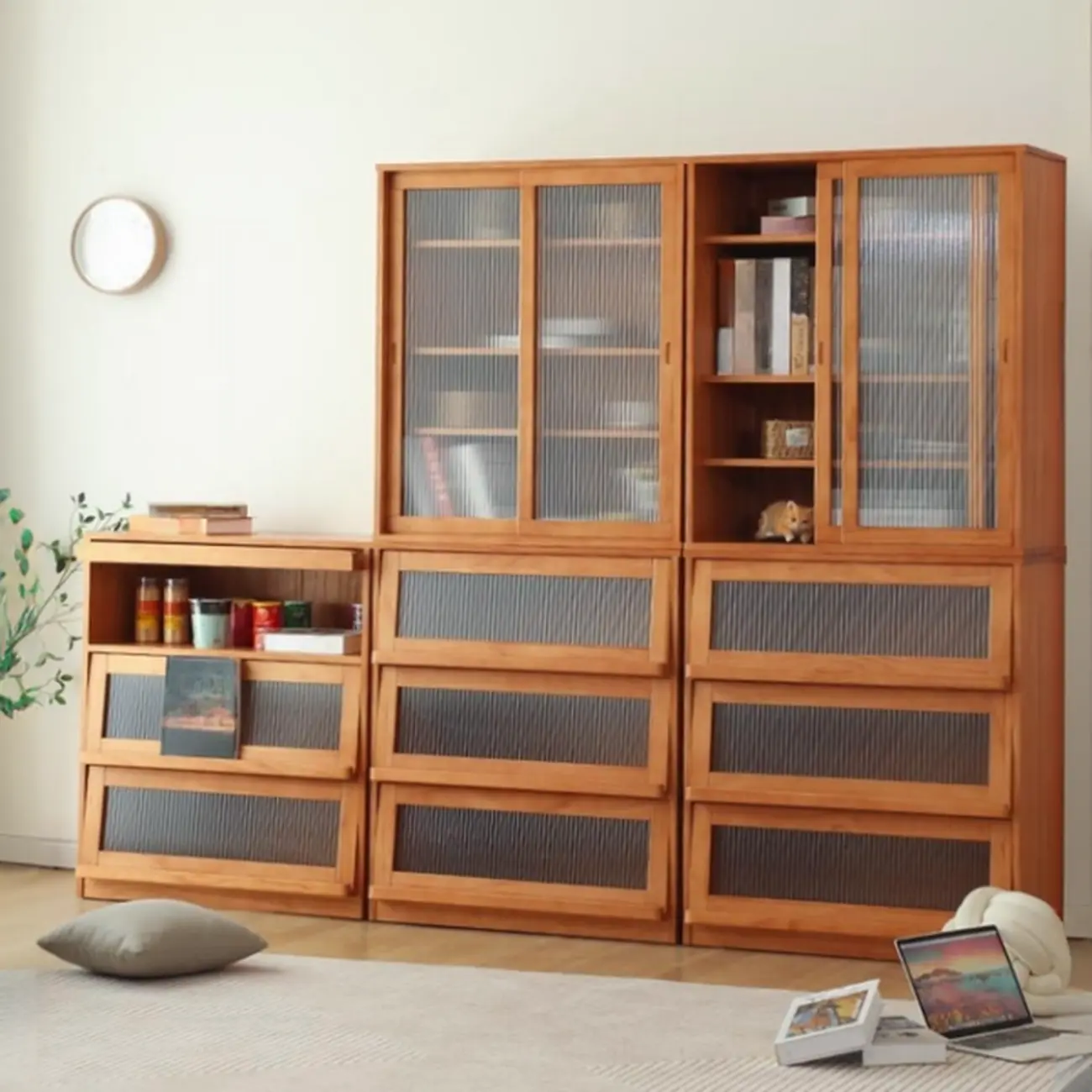 Modern Versatile Natural Wood Sliding Glass Door Storage Cabinet Image - 2 | homeyfad