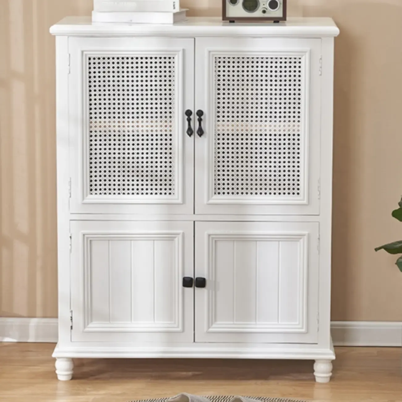 Classic Detached White Solid Wooden Wicker Storage Cabinet Image - 3